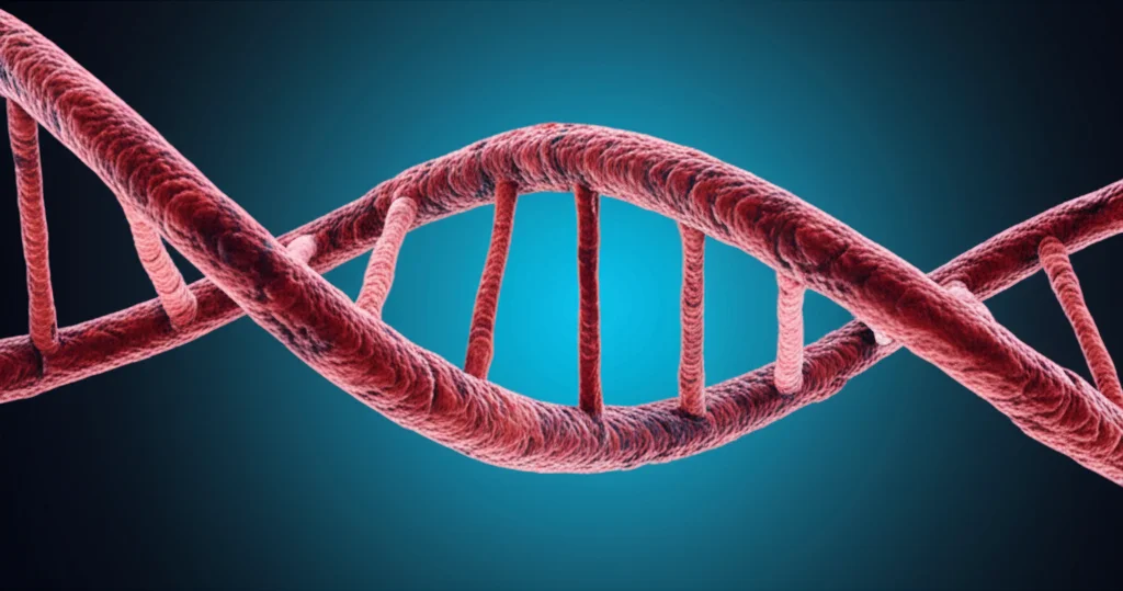 Visualizzazione artistica di un cuore umano con filamenti di DNA che si intrecciano, a rappresentare il legame tra genetica, età biologica e salute cardiaca nel contesto delle terapie oncologiche. Macro lens, 100mm, high detail, controlled lighting, duotone rosso e blu.