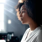 A photorealistic image using a 35mm portrait lens showing a beauty salon worker looking towards a window with a subtle haze or dust motes visible in a shaft of light, suggesting indoor air quality concerns. High detail, controlled lighting.