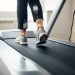 A photorealistic portrait of a senior woman walking on a treadmill in a bright, clinical setting. Focus on her lower body and feet, showing precise motion tracking sensors. Use a 35mm prime lens with shallow depth of field.