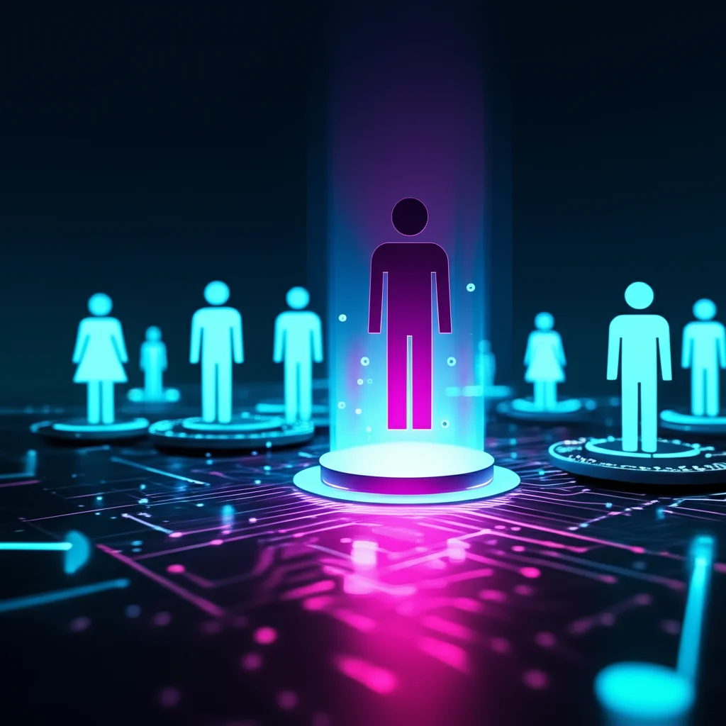 Concetto astratto di intelligenza artificiale federata per il riconoscimento di persone. Si vedono sagome stilizzate di persone e nodi di dati decentralizzati che comunicano con un server centrale luminoso, il tutto su uno sfondo tecnologico. L'immagine evoca privacy, sicurezza e collaborazione. Obiettivo prime, 24mm, profondità di campo, duotone ciano e magenta per un look moderno.