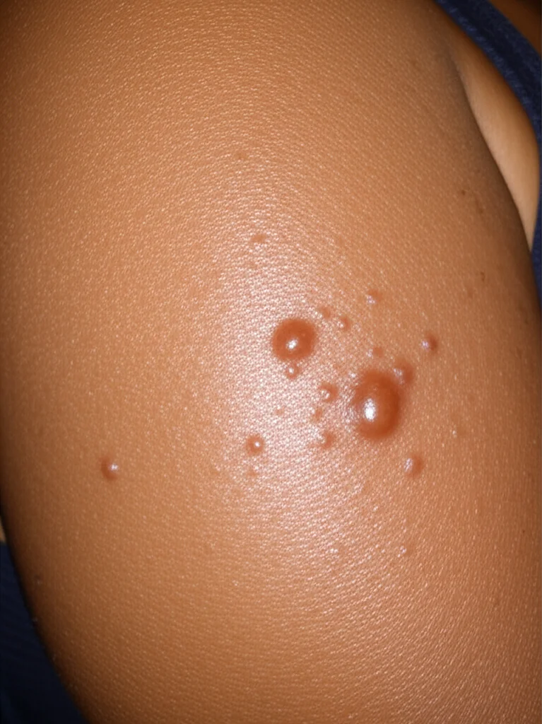 Fotografia macro ad altissimo dettaglio di una cicatrice cheloide sulla pelle scura, messa a fuoco selettiva sulla texture irregolare, lucida e sollevata del tessuto cicatriziale. Illuminazione laterale drammatica per accentuare il rilievo e la consistenza. Obiettivo macro 90mm, profondità di campo ridotta per isolare la cicatrice dallo sfondo della pelle circostante.