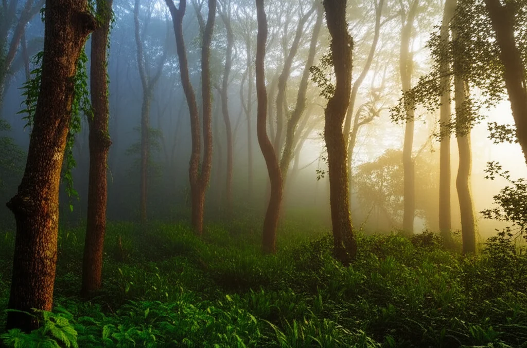 Fotografia paesaggistica, obiettivo 24mm, che cattura la lussureggiante foresta dei Ghati Occidentali a Goa all'alba. Nebbia leggera che si alza tra gli alberi secolari, i primi raggi di sole dorato filtrano attraverso la fitta chioma verde, mettendo in risalto la straordinaria biodiversità. Messa a fuoco nitida e ampia profondità di campo per mostrare la complessità della struttura forestale.
