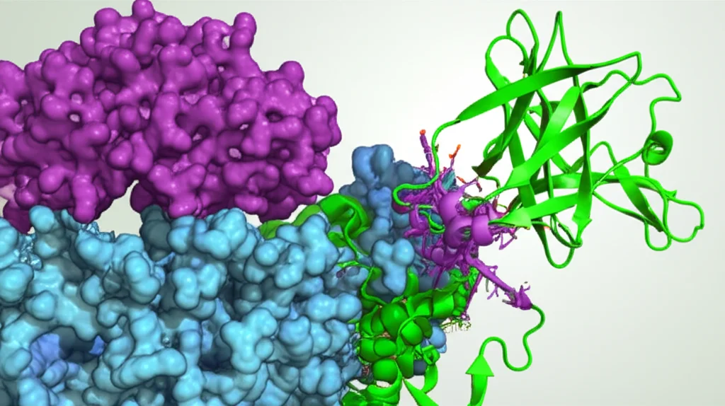 Illustrazione fotorealistica di chaperoni molecolari (Trigger Factor e DnaK) che interagiscono con una proteina nascente mentre emerge da un ribosoma. Focus sui 'residui insoddisfatti' della proteina parzialmente ripiegata. Obiettivo macro 60mm, alta definizione, illuminazione da studio.