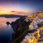 Immagine aerea drammatica del Mar Egeo con l'isola di Santorini in primo piano e una sezione trasversale geologica sottomarina che rivela il vulcano Kolumbo attivo sotto la superficie, landscape wide angle 10mm, long exposure per nuvole setose, colori vividi al tramonto.