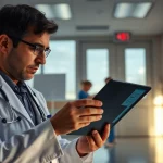 Interno di un moderno pronto soccorso pediatrico, luce soffusa del tardo pomeriggio che filtra dalle finestre, un medico dall'aspetto stanco ma concentrato esamina una cartella clinica digitale su un tablet. In secondo piano, un'infermiera assiste un bambino. Obiettivo prime 35mm, profondità di campo per mantenere a fuoco sia il medico che l'ambiente circostante, luce naturale controllata.