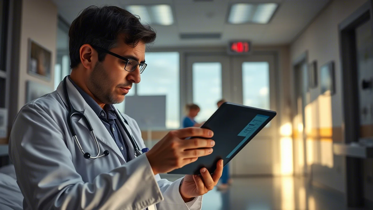 Interno di un moderno pronto soccorso pediatrico, luce soffusa del tardo pomeriggio che filtra dalle finestre, un medico dall'aspetto stanco ma concentrato esamina una cartella clinica digitale su un tablet. In secondo piano, un'infermiera assiste un bambino. Obiettivo prime 35mm, profondità di campo per mantenere a fuoco sia il medico che l'ambiente circostante, luce naturale controllata.