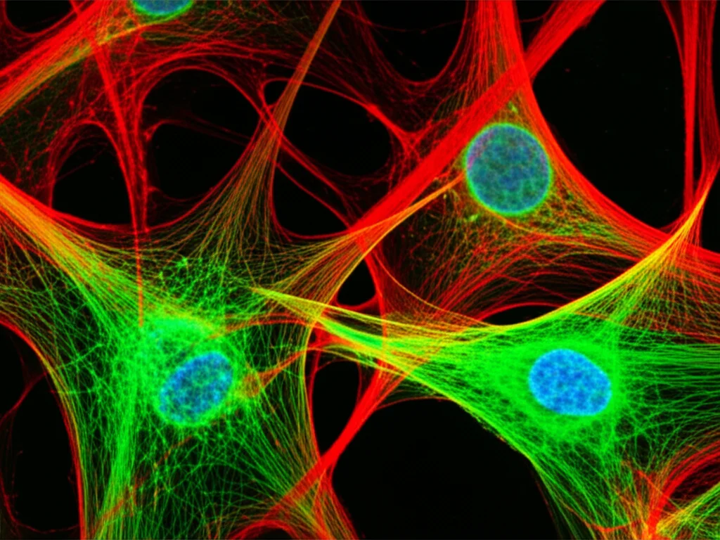 Macro lens, 60mm, high detail, precise focusing of fluorescently stained brain cells under a microscope, showing distinct colors for neurons and microglia, symbolizing Alzheimer's research.