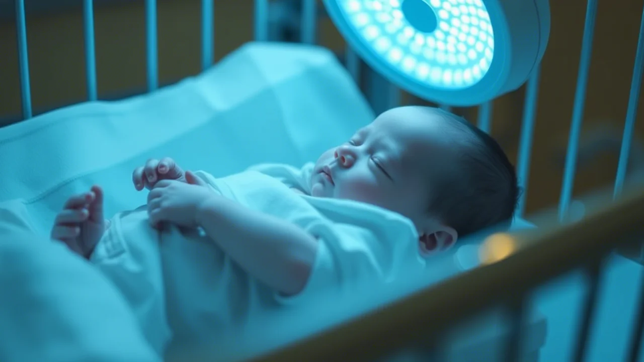 Neonato sereno adagiato in una culla ospedaliera sotto una lampada per fototerapia per l'ittero, luce bluastra soffusa, obiettivo prime 35mm, profondità di campo ridotta per sfocare lo sfondo.