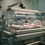 Photorealistic image of a neonatal intensive care unit (NICU) with an incubator, soft lighting, a camera mounted above, 35mm portrait lens, depth of field.