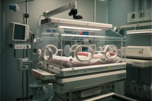 Photorealistic image of a neonatal intensive care unit (NICU) with an incubator, soft lighting, a camera mounted above, 35mm portrait lens, depth of field.
