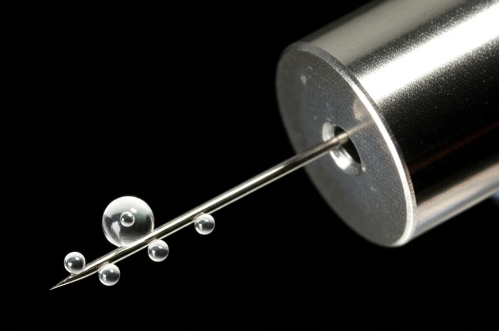 Primo piano dettagliato di un ago da biopsia a scatto in azione, con evidenza di microscopiche bolle di cavitazione che si formano attorno alla punta mentre penetra un materiale gelatinoso trasparente che simula il tessuto biologico. Illuminazione laterale drammatica per enfatizzare le bolle e la dinamica del movimento. Obiettivo macro 105mm, alta definizione, messa a fuoco selettiva sulla punta dell'ago e sulle bolle.