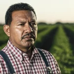 Un ritratto intenso di un agricoltore Latinx negli Stati Uniti, il volto segnato dal sole e dal lavoro, che guarda l'orizzonte con un misto di speranza e preoccupazione. Lo sfondo è un campo coltivato, forse al tramonto. Obiettivo da 35mm, profondità di campo ridotta, toni caldi e leggermente desaturati per un effetto cinematografico.