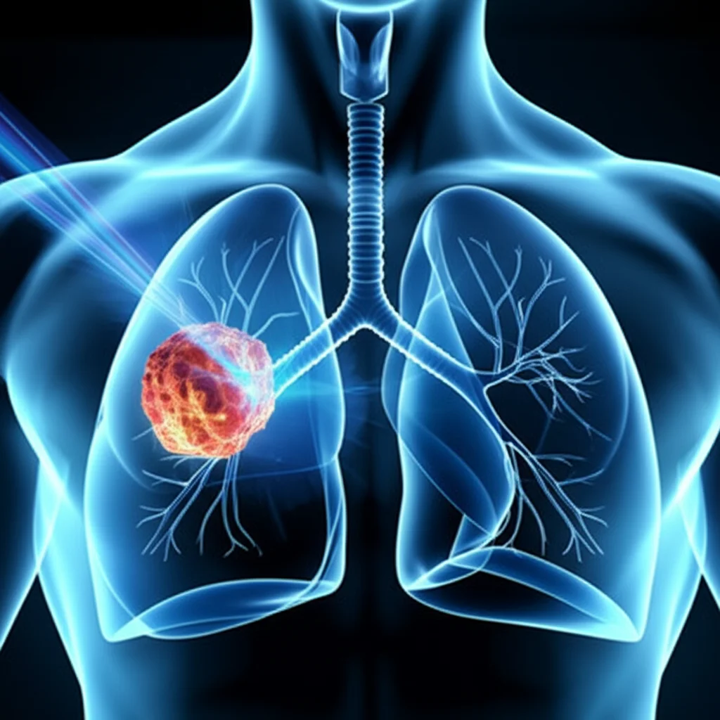 Un'immagine concettuale fotorealistica che mostra un fascio di particelle di luce bluastra ad alta energia che converge con precisione millimetrica su un modello 3D traslucido di polmoni con un tumore evidenziato. Sfondo scuro per far risaltare il fascio. Obiettivo macro 80mm, alta definizione, illuminazione drammatica per enfatizzare la precisione tecnologica della radioterapia SBRT VMAT.