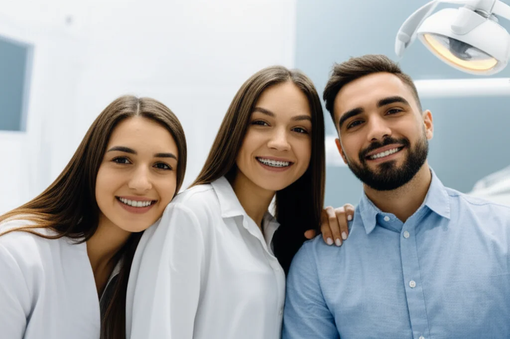 Uno scatto dinamico, leggermente dal basso, obiettivo grandangolare 24mm, che cattura un gruppo eterogeneo di giovani adulti sorridenti con denti perfettamente allineati, sottintendendo un trattamento ortodontico e una contenzione di successo. Illuminazione naturale e morbida, profondità di campo che crea uno sfondo leggermente sfocato di una moderna clinica dentistica. Focus sui sorrisi fiduciosi.