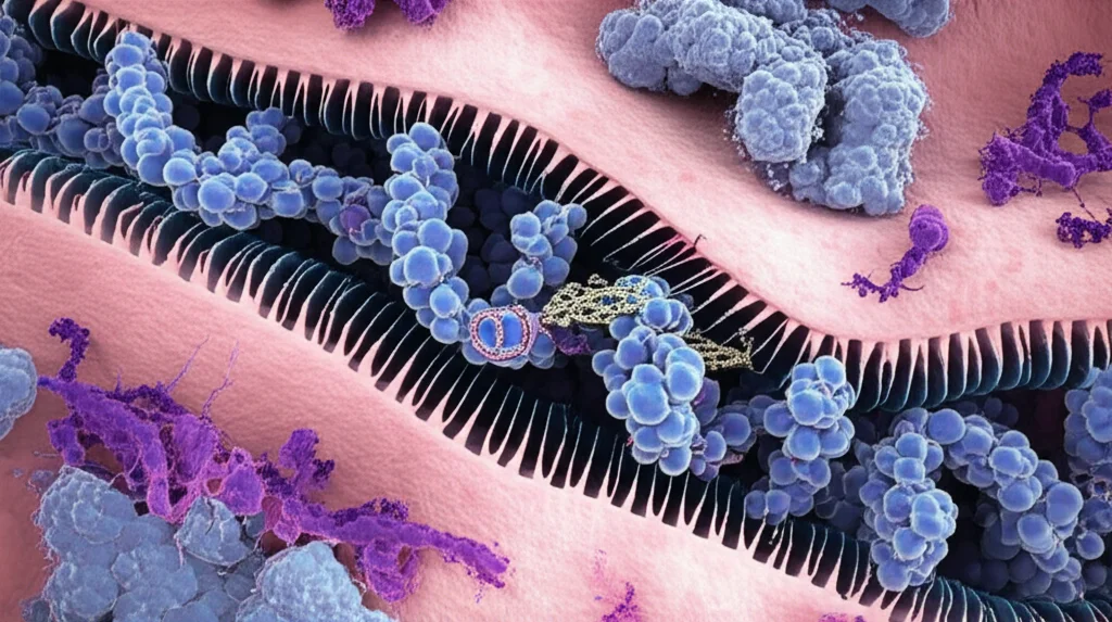 Visualizzazione 3D ultra-realistica di un mitocondrio umano sezionato, che mostra il DNA mitocondriale (mtDNA) al suo interno con alcune sequenze ripiegate in strutture G-quadruplex (evidenziate). L'ambiente della matrice mitocondriale appare denso e affollato di macromolecole proteiche rappresentate come sfere e forme complesse di colore variabile (blu, viola, grigio). Illuminazione drammatica interna che mette in risalto le strutture G4 del DNA rispetto alla doppia elica standard. Obiettivo macro, 100mm, alta definizione, messa a fuoco precisa sul DNA G4, profondità di campo ridotta per sfocare lo sfondo interno del mitocondrio.