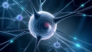 Visualizzazione fotorealistica di una rete neurale complessa con segnali elettrici stilizzati che la attraversano, simboleggiando l'attività cerebrale durante una crisi epilettica. Dettagli ad alta precisione, illuminazione drammatica per enfatizzare la dinamica. Obiettivo macro 100mm, profondità di campo, toni blu e arancio duotone per contrasto scientifico.