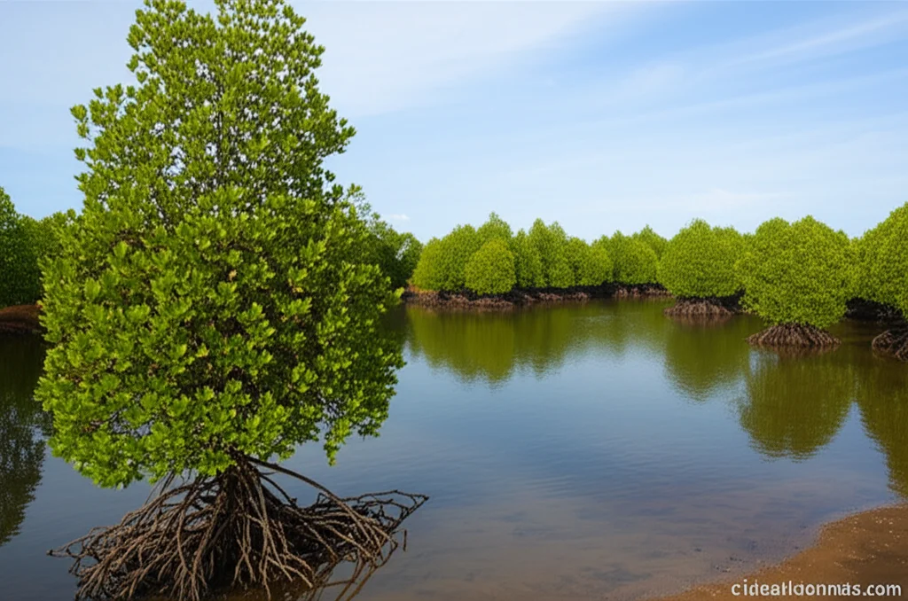 Wide-angle, 15mm, paesaggio di un'area di conservazione di mangrovie tropicali in Indonesia invasa da detriti di plastica visibili tra le radici aeree e sulla battigia fangosa, lunga esposizione per rendere l'acqua del fiume liscia e il cielo nuvoloso drammatico, focus nitido sull'impatto devastante dei rifiuti sull'ecosistema costiero.