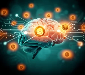 A conceptual image showing a human brain with glowing pathways representing attentional focus being drawn towards a brightly colored, reward-associated symbol amidst duller, neutral symbols. Prime lens, 35mm, depth of field, with a subtle duotone effect (e.g., teal and orange) to highlight the contrast between value-driven and neutral stimuli.