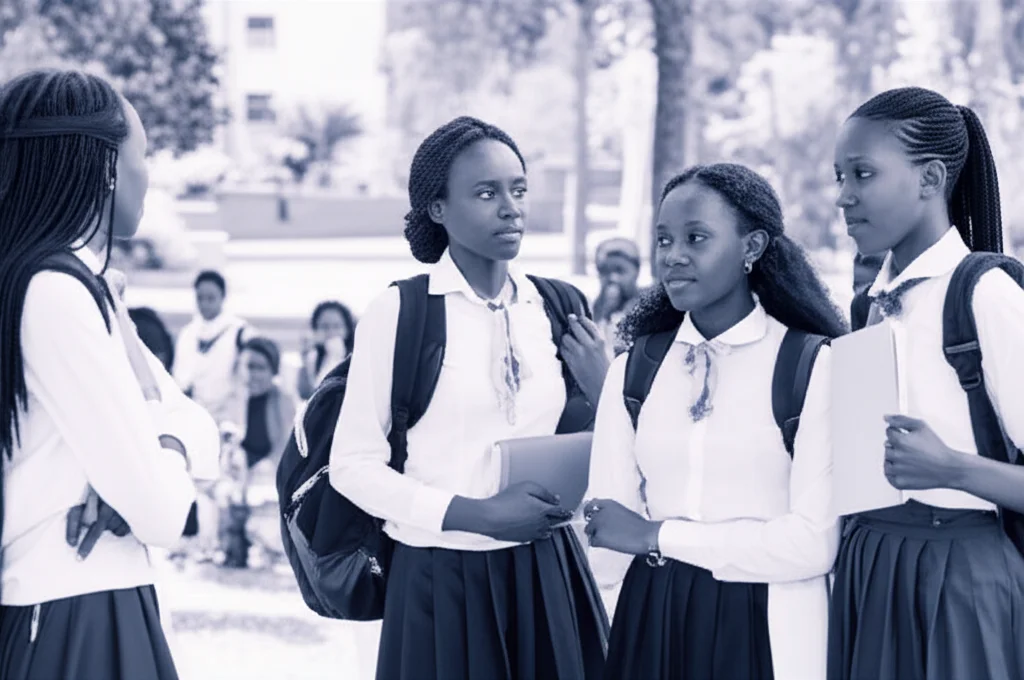 Fotografia di un gruppo di giovani studentesse universitarie etiopi, diverse tra loro, in un campus all'aperto. Alcune conversano, altre appaiono riflessive. Obiettivo da ritratto 35mm, luce naturale, profondità di campo, per trasmettere un senso di comunità e le preoccupazioni individuali sottostanti. Viraggio blu e grigio.