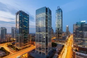 Fotografia grandangolare di uno skyline urbano al crepuscolo, con grattacieli dalle architetture complesse e multiscala in primo piano che riflettono le luci della città, obiettivo grandangolare 14mm, lunga esposizione per scie luminose del traffico e nuvole mosse, messa a fuoco nitida sugli edifici, atmosfera vibrante e moderna.