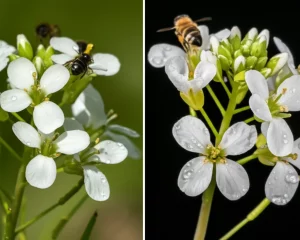 Immagine composita fotorealistica di un gruppo di fiori bianchi di Arabidopsis halleri. Metà immagine mostra i fiori rivolti verso l'alto sotto un cielo soleggiato e luminoso, con api sfocate sullo sfondo. L'altra metà mostra gli stessi fiori rivolti verso il basso sotto una pioggia leggera, con gocce d'acqua visibili sui petali. Obiettivo macro 90mm, alta definizione, illuminazione naturale controllata per enfatizzare il contrasto tra le due condizioni, messa a fuoco nitida sui fiori centrali.