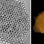 Immagine macro ad alta definizione di nanosfere di ZnCo2O4 e fogli di ossido di grafene che interagiscono sotto una luce visibile brillante, con un effetto visivo di purificazione dell'acqua circostante che da torbida diventa limpida. Illuminazione controllata e precisa, obiettivo macro 100mm, elevato dettaglio delle nanostrutture.