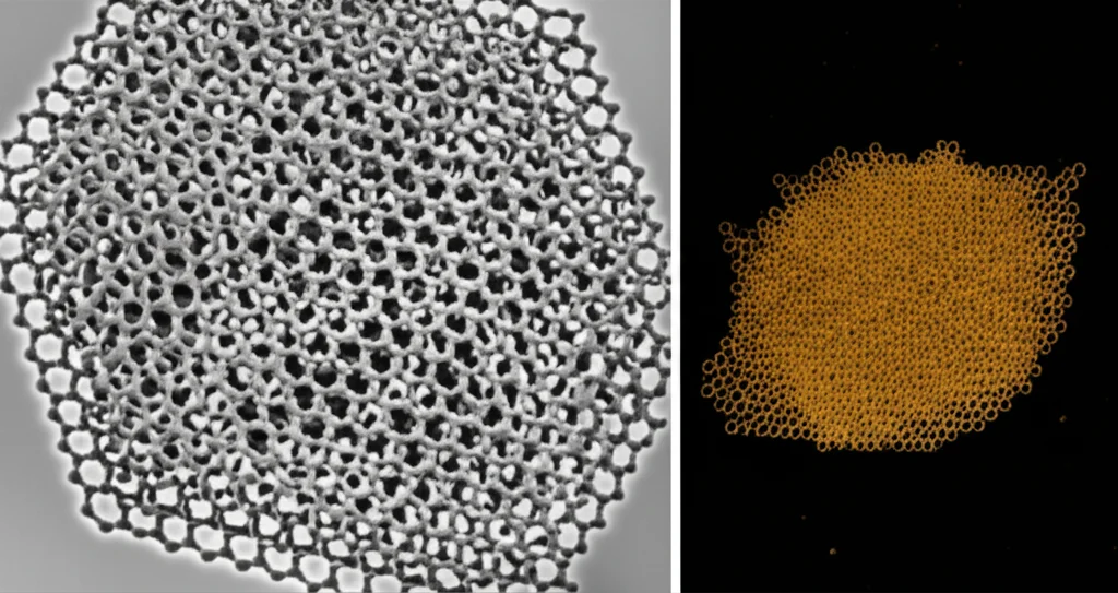 Immagine macro ad alta definizione di nanosfere di ZnCo2O4 e fogli di ossido di grafene che interagiscono sotto una luce visibile brillante, con un effetto visivo di purificazione dell'acqua circostante che da torbida diventa limpida. Illuminazione controllata e precisa, obiettivo macro 100mm, elevato dettaglio delle nanostrutture.