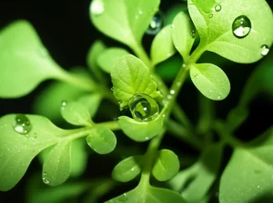 Immagine macro ad alta definizione di una giovane piantina di Arabidopsis thaliana che emerge dal terreno, obiettivo macro 100mm, illuminazione laterale controllata per creare ombre delicate e mettere in risalto la struttura fine delle foglie e del fusto, con gocce di rugiada visibili, simbolo della risposta allo stress idrico e all'ABA, high detail, precise focusing.