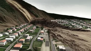 Modellazione 3D di una colata detritica che invade un'area urbana ai piedi di una montagna, con evidenza dell'interazione tra acqua e detriti. Obiettivo grandangolare, 15mm, messa a fuoco nitida sull'impatto con le prime case, cielo tempestoso, simulazione del movimento del fango e dell'acqua.