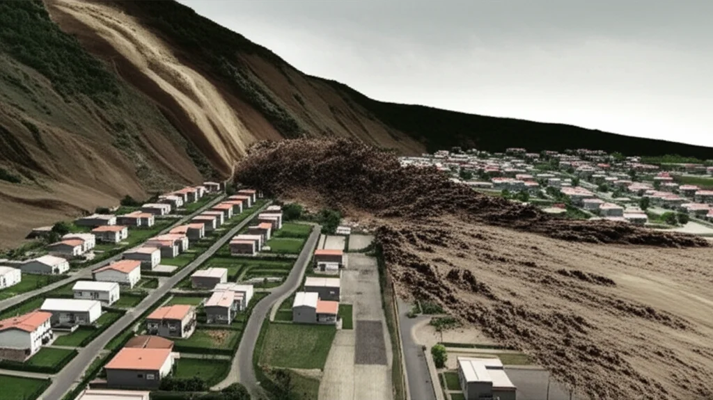 Modellazione 3D di una colata detritica che invade un'area urbana ai piedi di una montagna, con evidenza dell'interazione tra acqua e detriti. Obiettivo grandangolare, 15mm, messa a fuoco nitida sull'impatto con le prime case, cielo tempestoso, simulazione del movimento del fango e dell'acqua.