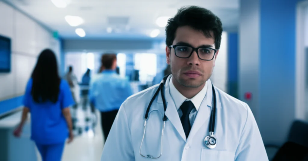 Photorealistic image of a young intern doctor looking stressed and isolated in a busy hospital environment, 35mm portrait, depth of field, blue and grey duotones.