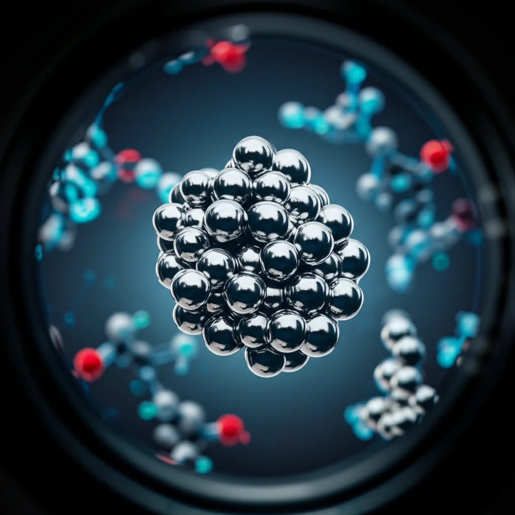 Prime lens, 35mm, depth of field, immagine concettuale di nanocristalli di Nichel-Zinco brillanti che catalizzano una reazione chimica, simboleggiando efficienza e sostenibilità, con molecole di alchini e alcheni stilizzate sullo sfondo in un ambiente di laboratorio pulito e moderno.