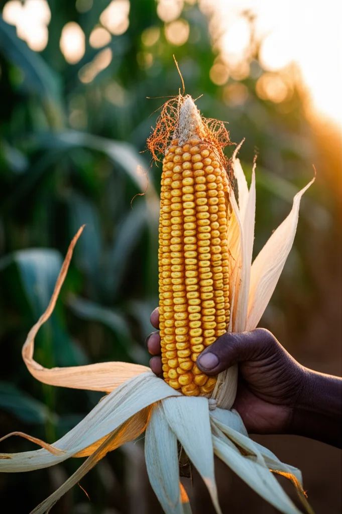 Primo piano di una pannocchia di mais matura tenuta in mano da un agricoltore in un campo keniota al tramonto, fotografia macro, obiettivo 100mm, alta definizione dei chicchi e della texture della mano, luce calda e dorata, sfondo leggermente sfocato del campo.