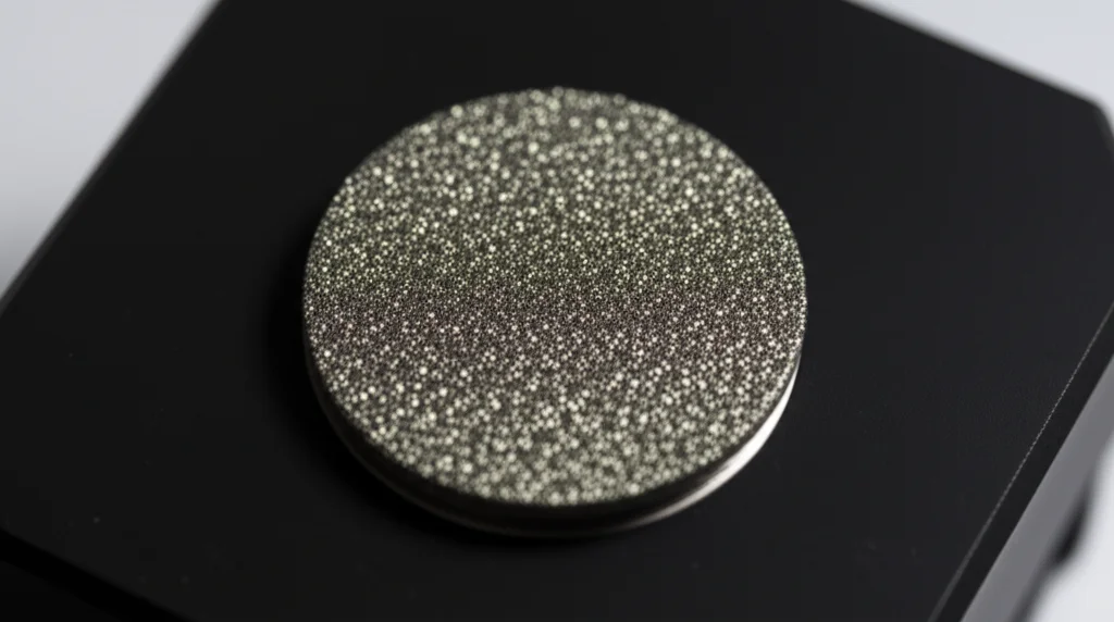 Primo piano, obiettivo macro 80mm, di un'etichetta incisa al laser su una superficie metallica lucida di un componente per semiconduttori (diamond dresser). Alta definizione, messa a fuoco precisa, illuminazione controllata che enfatizza il contrasto dell'incisione.