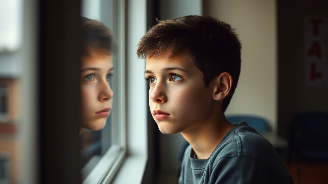 Un adolescente pensieroso guarda fuori da una finestra scolastica durante una giornata nuvolosa. La luce è soffusa e naturale, creando un'atmosfera intima e riflessiva. Fotografia di ritratto, obiettivo 35mm, profondità di campo ridotta per sfocare lo sfondo esterno e mantenere il focus sull'espressione del ragazzo, colori leggermente desaturati per accentuare il mood introspettivo.
