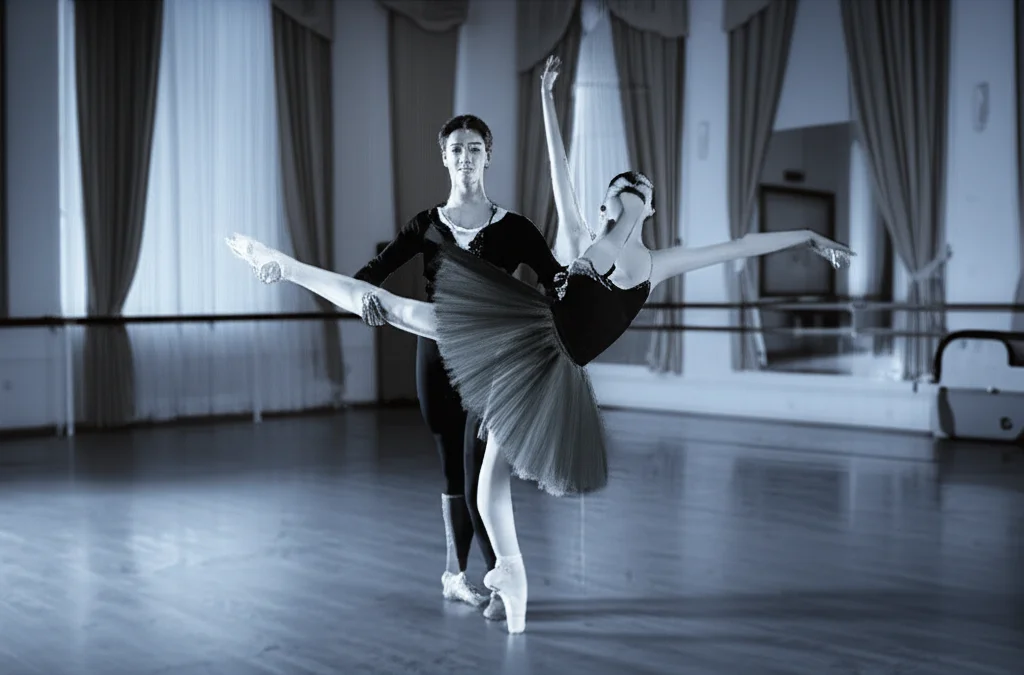 Un giovane ballerino e una giovane ballerina in una posa di danza classica che evidenzia l'eccezionale estensione e flessibilità degli arti inferiori, in una sala da ballo elegante con parquet lucido e grandi specchi. Portrait photography, prime lens 35mm, duotone blu e grigio per un effetto artistico e sofisticato, profondità di campo che sfoca leggermente lo sfondo.