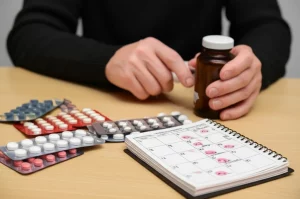 Un paziente oncologico anziano guarda pensieroso una complessa serie di farmaci (pillole colorate, blister, fiale, cerotti) disposti ordinatamente su un tavolo di legno chiaro. Accanto, un calendario con alcuni giorni cerchiati. Fotografia ritratto, obiettivo 50mm prime, luce naturale morbida proveniente da una finestra laterale, profondità di campo ridotta che mette a fuoco il volto preoccupato del paziente e sfoca leggermente i farmaci sullo sfondo, creando un'atmosfera intima.
