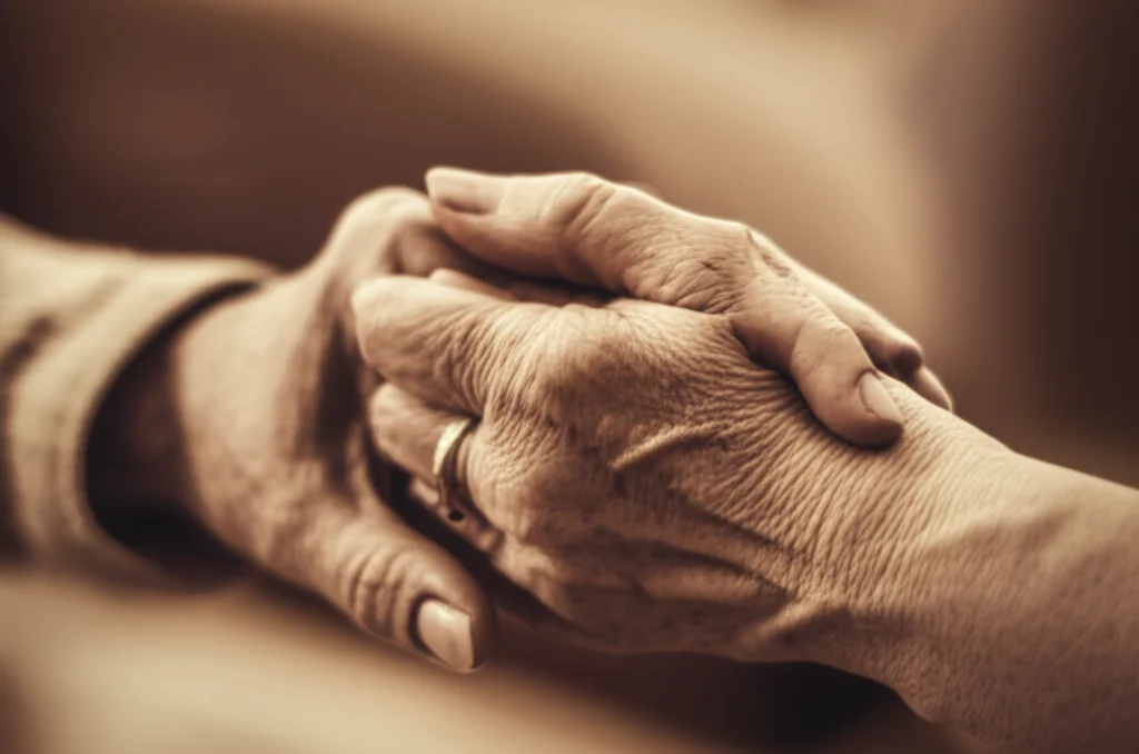 Un primo piano toccante di due mani anziane che si stringono, una più rugosa e tremante, l'altra che offre supporto. Illuminazione soffusa e calda, macro lens 100mm, alta definizione per mostrare la texture della pelle, sfondo leggermente sfocato per concentrarsi sulle mani, duotone marrone e crema per un effetto caldo e nostalgico.