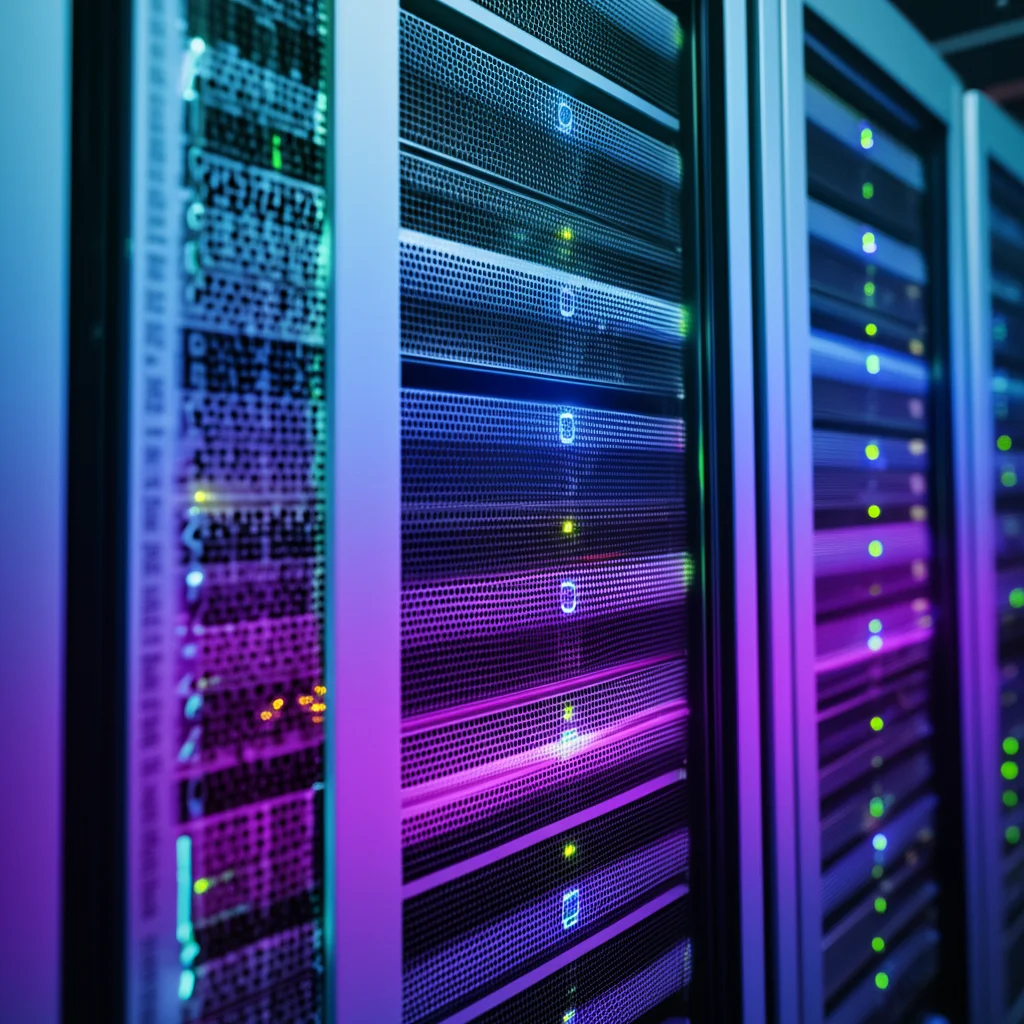 Visualizzazione astratta di nodi di calcolo interconnessi che elaborano flussi di dati complessi, simboleggiando l'analisi dati serverless scalabile. Wide-angle, 10-24mm, sharp focus, illuminazione high-tech con accenti blu e viola.