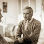 A diverse group of three men, ages ranging from late 50s to early 70s, engaged in a supportive conversation in a comfortable, non-clinical setting, perhaps a community center room with soft lighting. One man is speaking, gesturing thoughtfully, while the others listen intently. The image should convey empathy and shared experience. Prime lens, 35mm, depth of field, duotone with warm brown and soft grey.