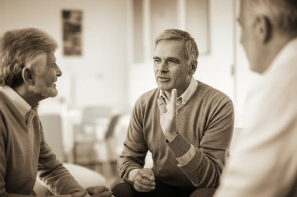 A diverse group of three men, ages ranging from late 50s to early 70s, engaged in a supportive conversation in a comfortable, non-clinical setting, perhaps a community center room with soft lighting. One man is speaking, gesturing thoughtfully, while the others listen intently. The image should convey empathy and shared experience. Prime lens, 35mm, depth of field, duotone with warm brown and soft grey.