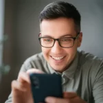 A photorealistic portrait of a visually impaired person using a smart device, smiling confidently, 35mm portrait, depth of field.