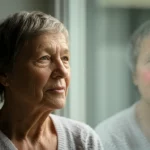 A portrait, 35mm lens, depth of field, showing a middle-aged or elderly person with COPD looking out a window, perhaps contemplating activity, with a mix of hope and apprehension on their face. Soft natural light.