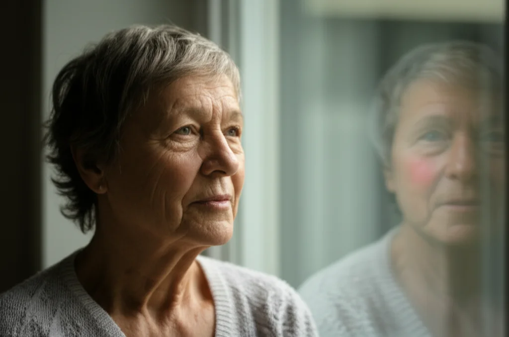 A portrait, 35mm lens, depth of field, showing a middle-aged or elderly person with COPD looking out a window, perhaps contemplating activity, with a mix of hope and apprehension on their face. Soft natural light.