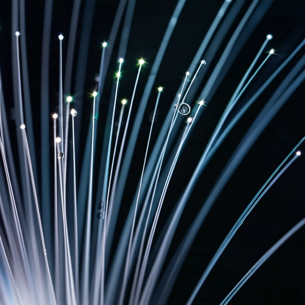 Fotografia still life, macro 80mm, di una fibra tessile flessibile e luminosa che genera piccole scintille di energia al contatto con goccioline d'acqua, su uno sfondo scuro e tecnologico, illuminazione drammatica e precisa, alta definizione.