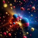 Immagine concettuale astratta ad alta definizione, stile macro fotografia con lente da 90mm, che mostra particelle sferiche luminose di vari colori (rosso, blu, giallo) che si fondono dinamicamente su uno sfondo scuro e nebuloso, con scie di luce che indicano il movimento e l'unione, a simboleggiare la coalescenza k-naria e lo studio delle grandi deviazioni, illuminazione controllata per evidenziare i dettagli.