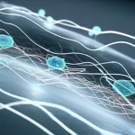 Immagine concettuale macro, 80mm, che illustra la sinergia tra nano-particelle di chitosano (struttura fibrosa), ioni fluoro (cristalli luminosi) e onde di campo magnetico pulsato (linee di energia sottili) che interagiscono sulla superficie dello smalto dentale per la remineralizzazione, illuminazione controllata, alta definizione, con un focus preciso sulle texture e interazioni armoniose dei tre elementi.