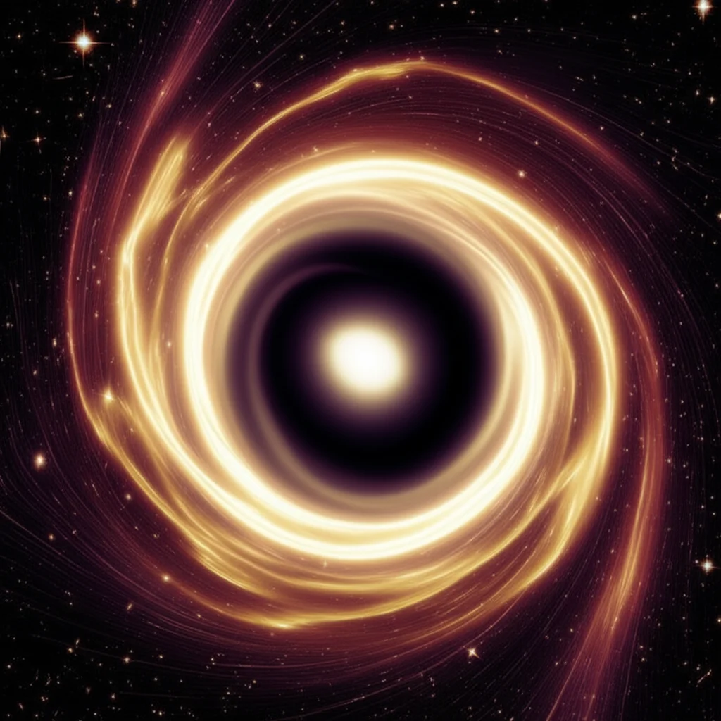 Immagine fotorealistica di un buco nero BBMB esotico, circondato da un campo magnetico visualizzato come linee di forza luminose e particelle energetiche che spiraleggiano verso di esso. Obiettivo grandangolare astronomico, 10mm, lunga esposizione per catturare la dinamica delle particelle e la distorsione dello spaziotempo, focus nitido sull'orizzonte degli eventi.
