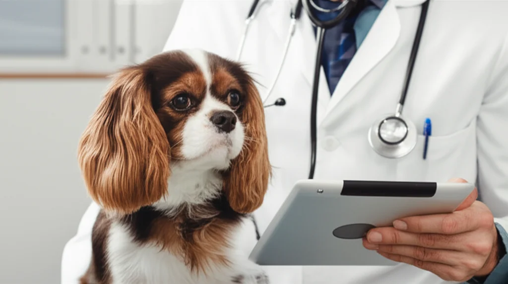 Primo piano di uno stetoscopio digitale appoggiato sul torace di un cane Cavalier King Charles Spaniel, con un veterinario che osserva attentamente i dati su un tablet collegato. Obiettivo macro, 100mm, alta definizione, messa a fuoco precisa sul punto di contatto dello stetoscopio, luce soffusa da studio che evidenzia i dettagli del pelo del cane e dello strumento.