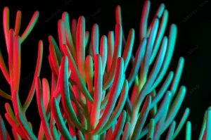 Primo piano macro di una pianta di Suaeda altissima, 100mm macro lens, che mostra le sue foglie carnose sotto luci LED rosse, blu e verdi in un ambiente di laboratorio. Dettaglio elevato, messa a fuoco precisa, illuminazione controllata per evidenziare la resilienza della pianta.